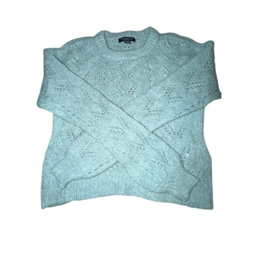 American Eagle Women Aqua Blue Pointelle Knit Cropped Wool Blend Sweater XS